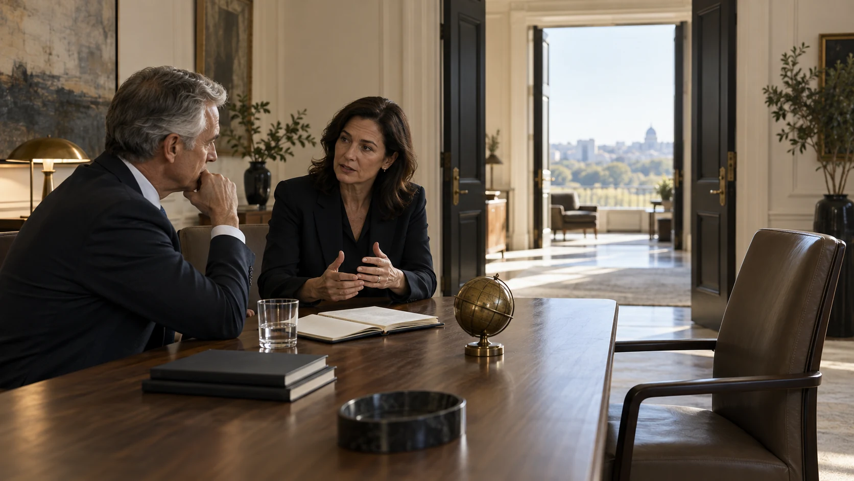 A senior executive and adviser discussing evidence beside an empty chair and an open doorway representing the future role.