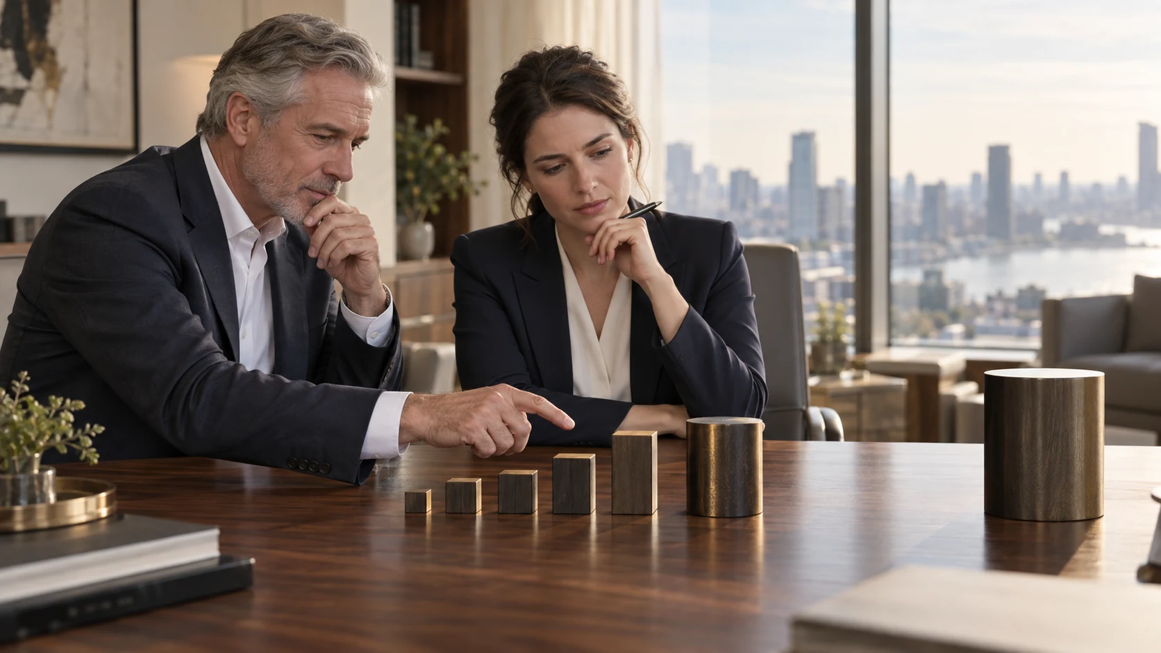 An experienced leader and emerging executive considering a graduated sequence of leadership steps with a deliberate final gap.