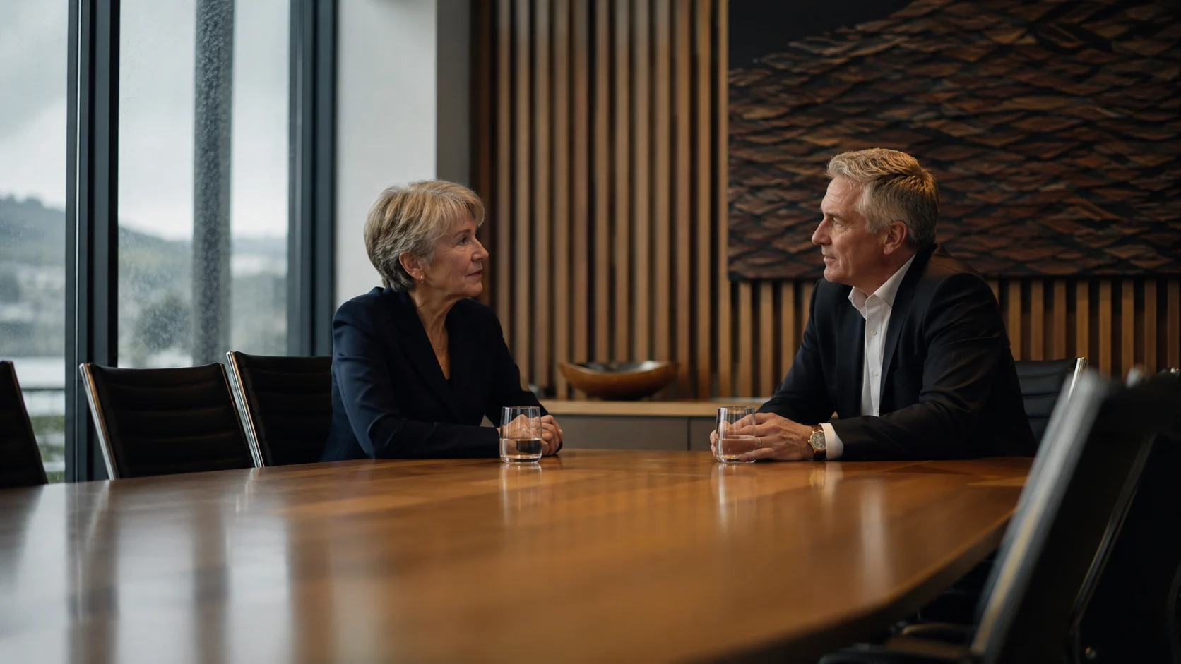 A board chair and chief executive in a focused one-to-one conversation.