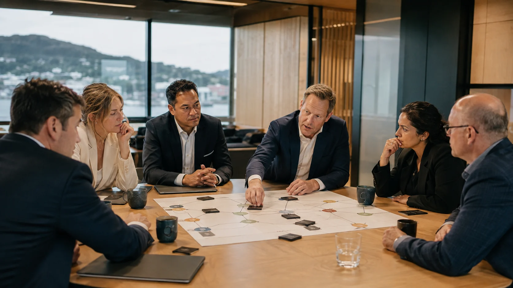 Six senior executives working around a table on a live strategic priority.