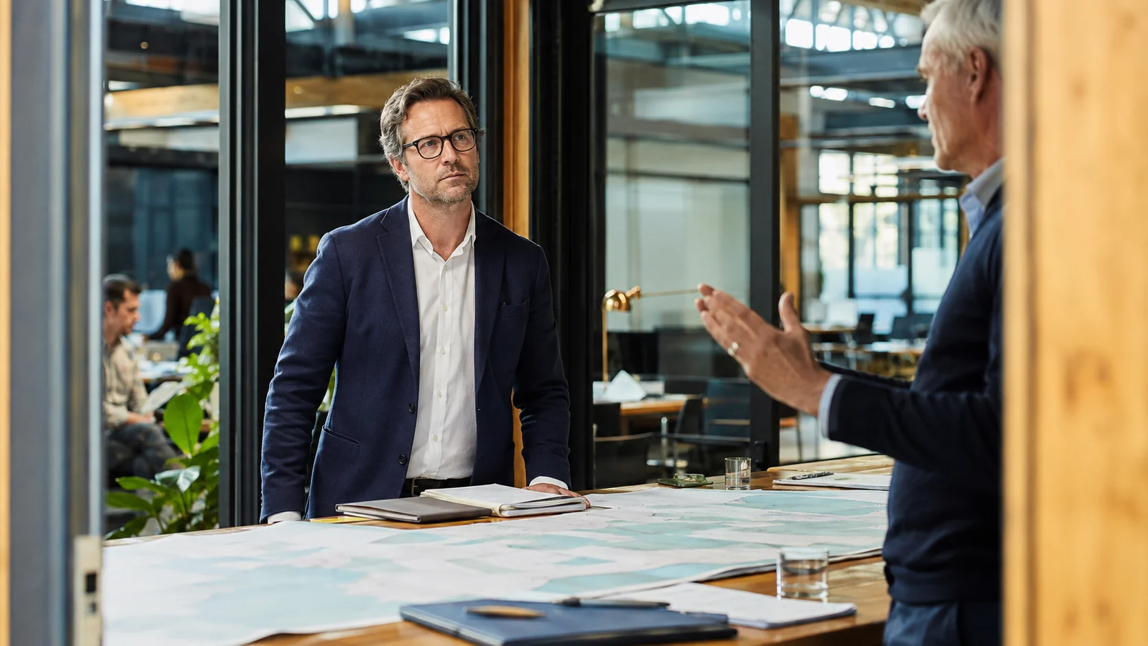 A newly appointed executive in discussion with a senior colleague across a meeting table.