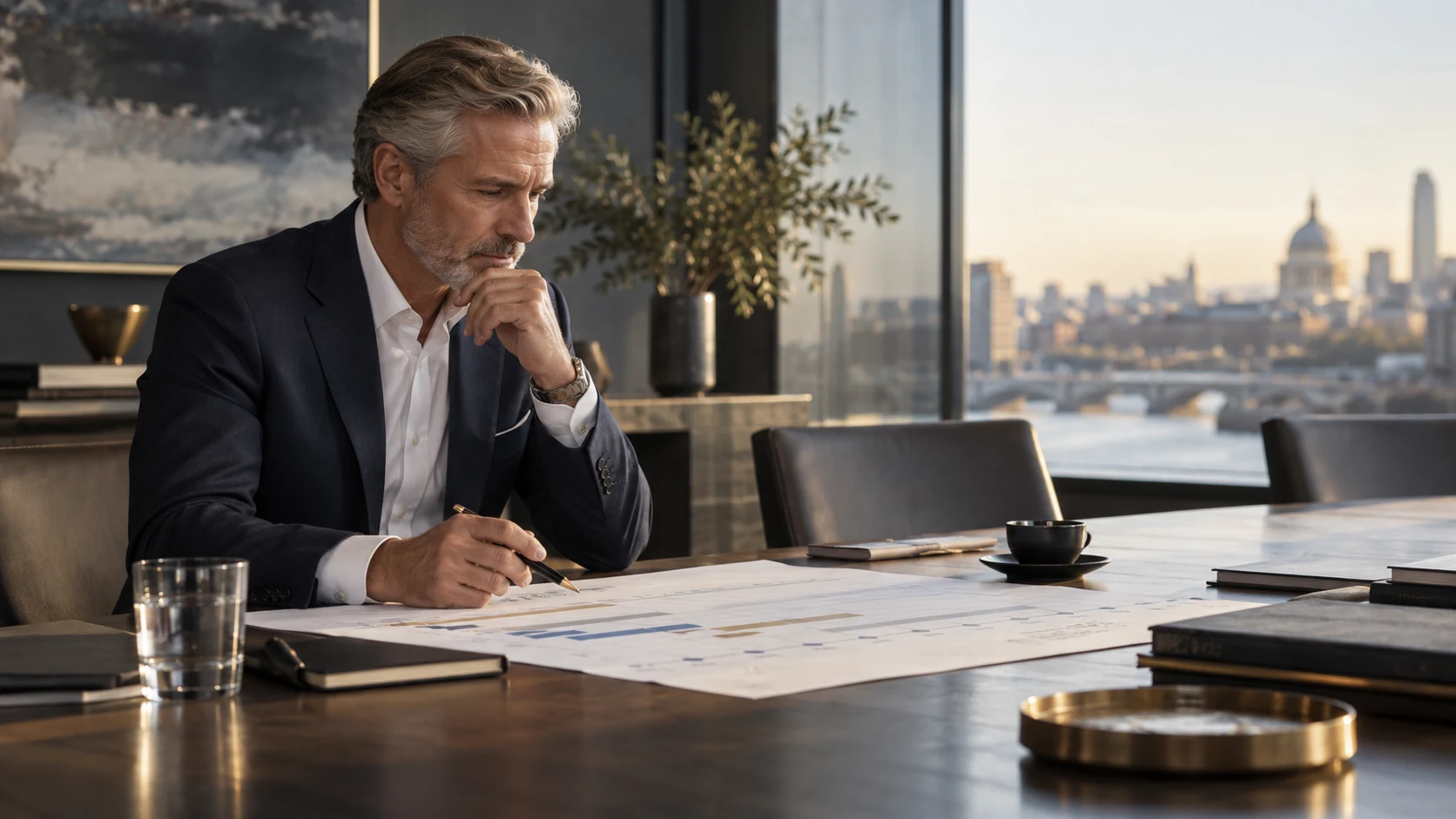 A senior leader reviewing a plan alone at a meeting table beside a city-view window.