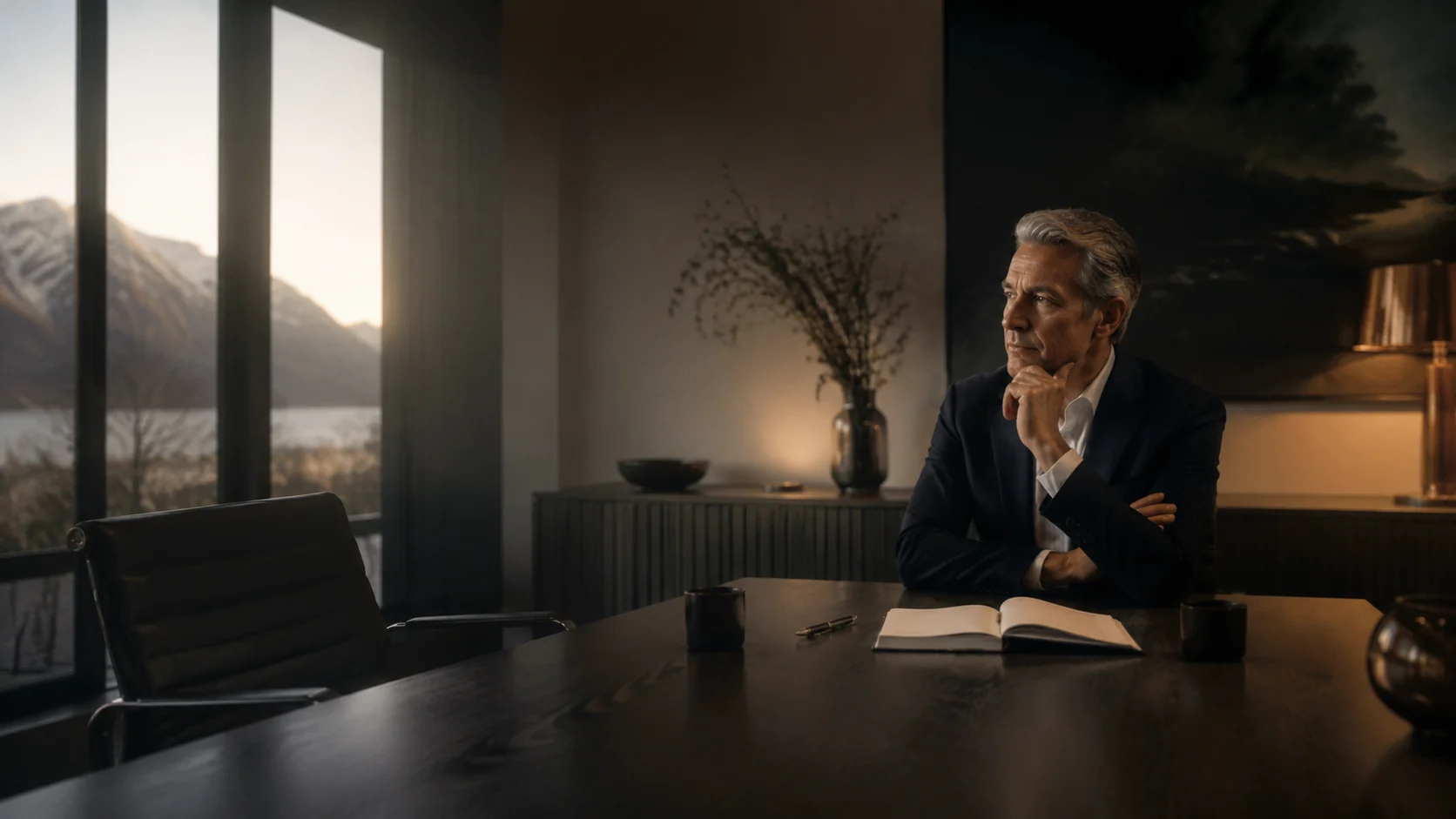 A senior executive reflecting alone at a desk in a quiet office.