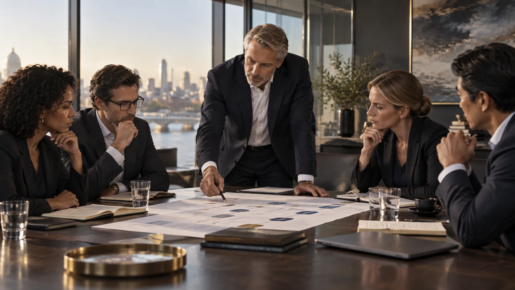 Five executives discussing a shared plan around a meeting table.
