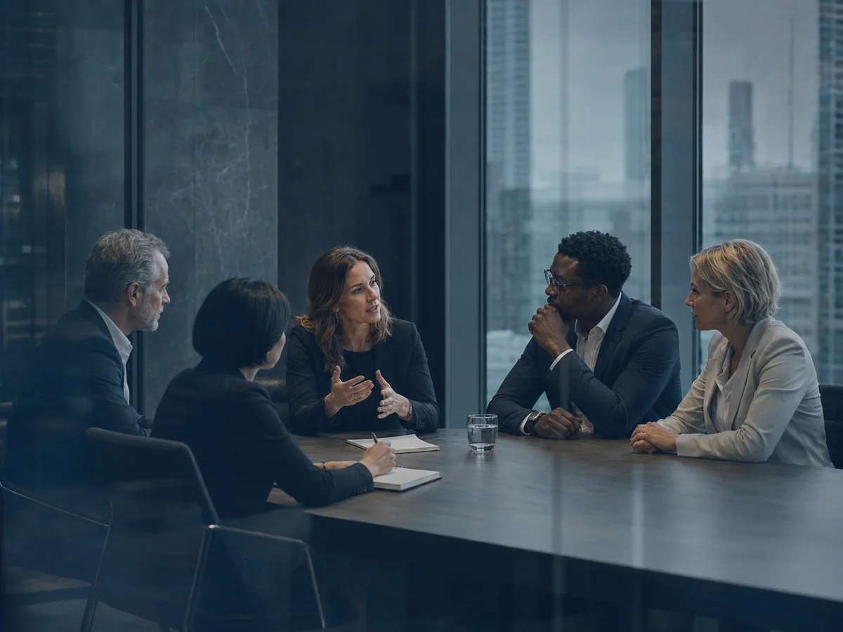 An executive team in a focused strategy discussion