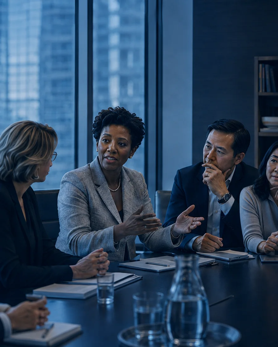 A diverse board in a formal chair-led discussion