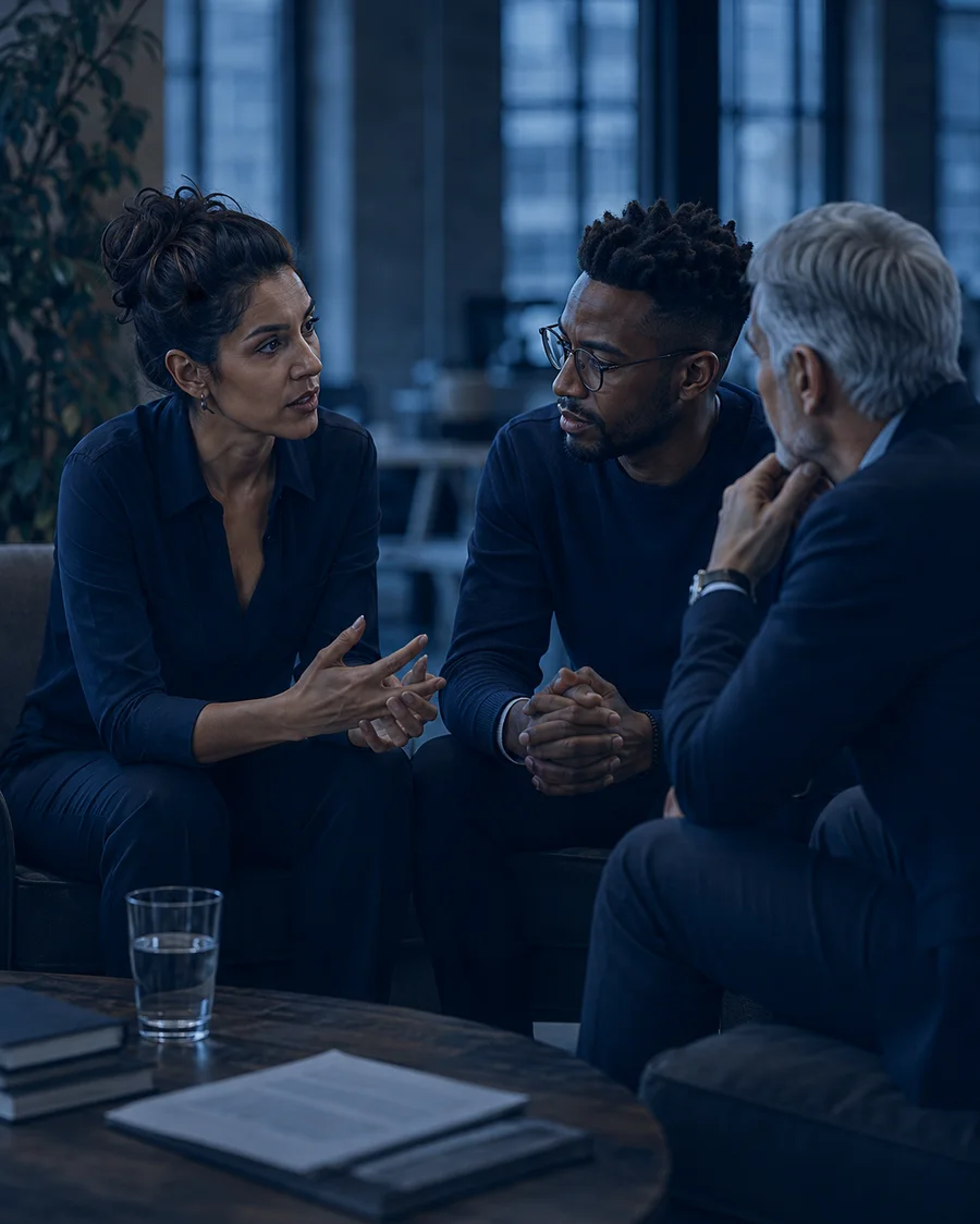Founders and senior leaders discussing a consequential decision