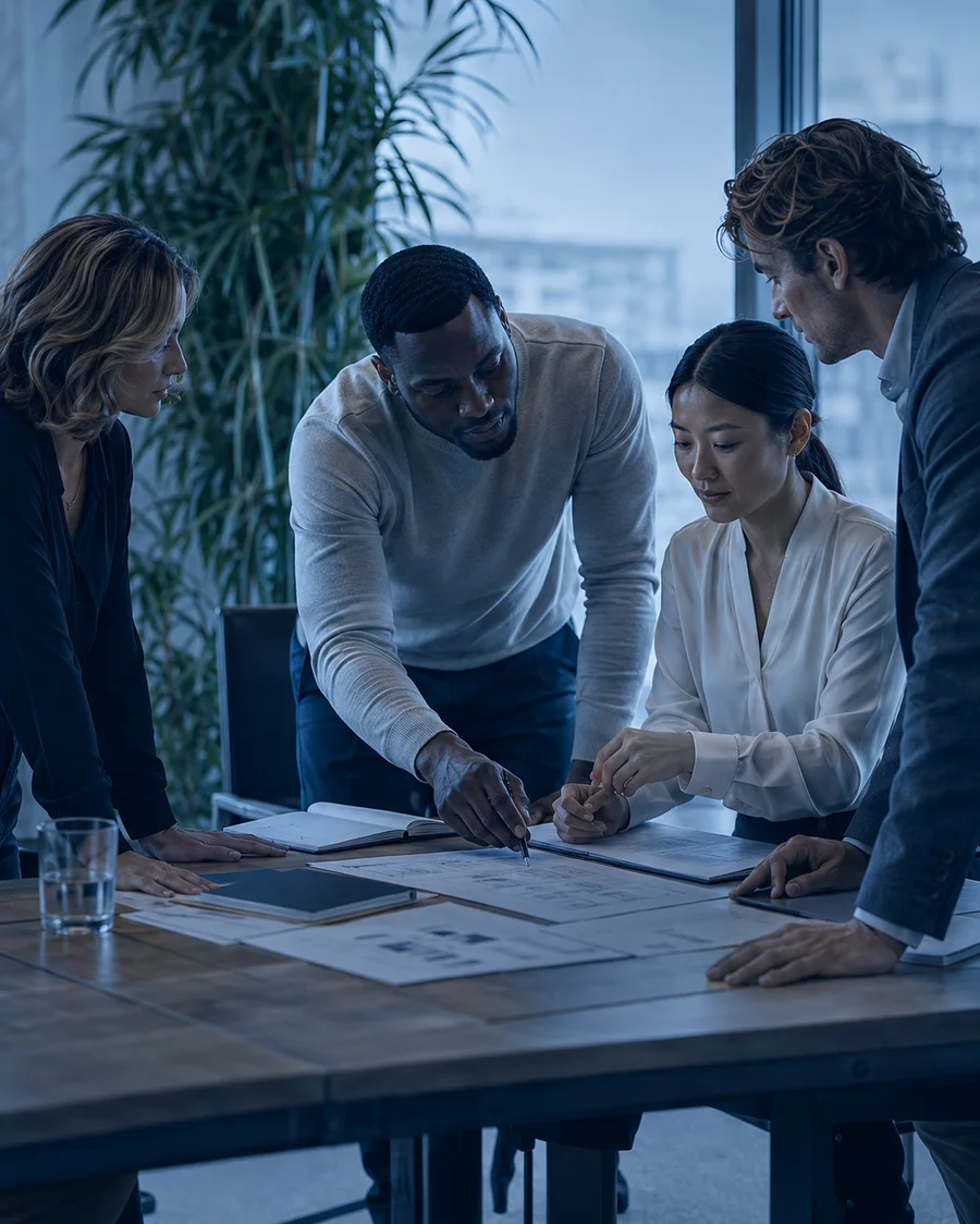 A growing organisation team collaborating around a shared plan