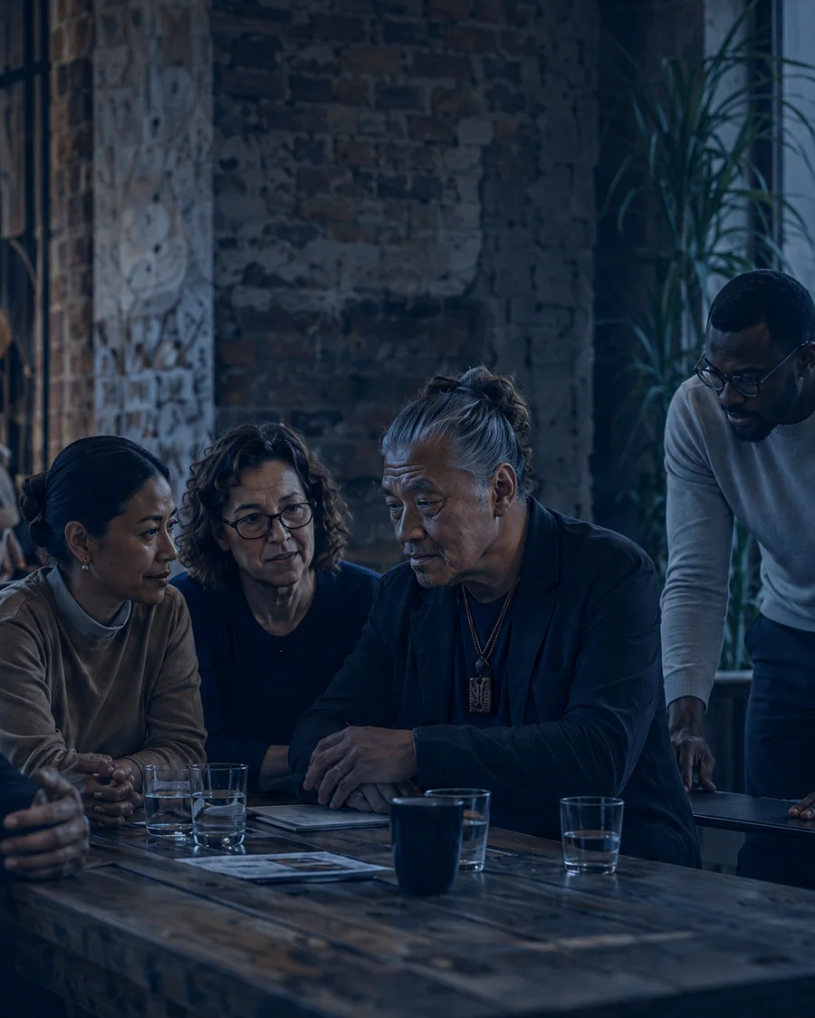 A diverse not-for-profit leadership group reviewing plans together
