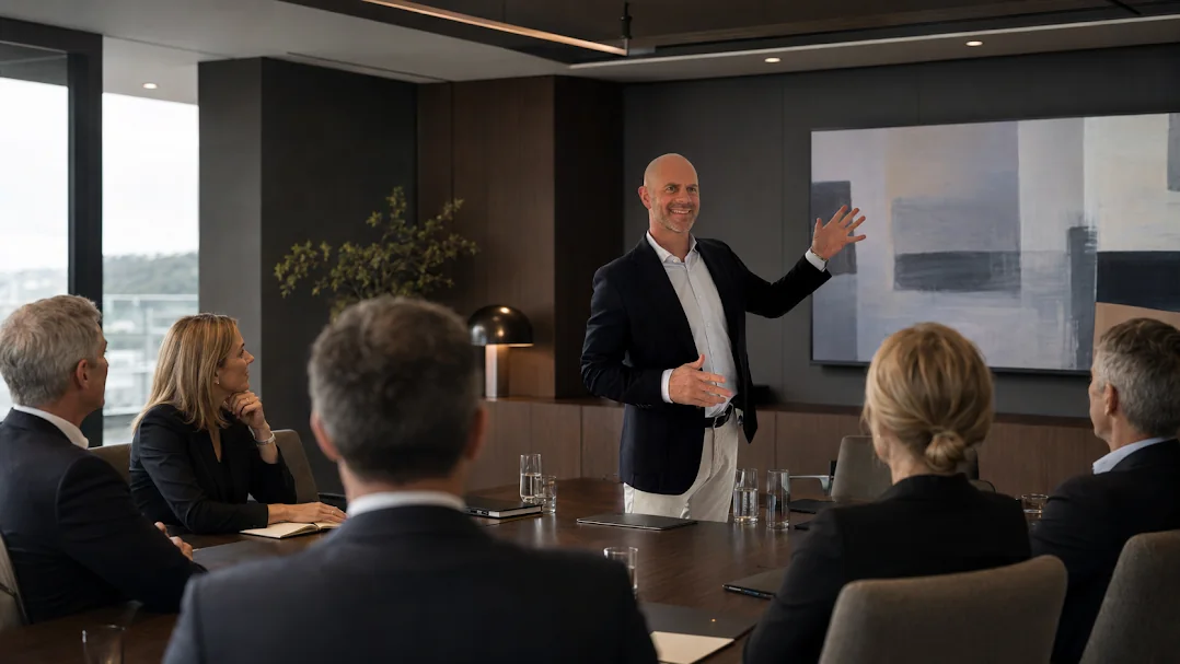 Bevan Gray presenting to board members in a meeting room