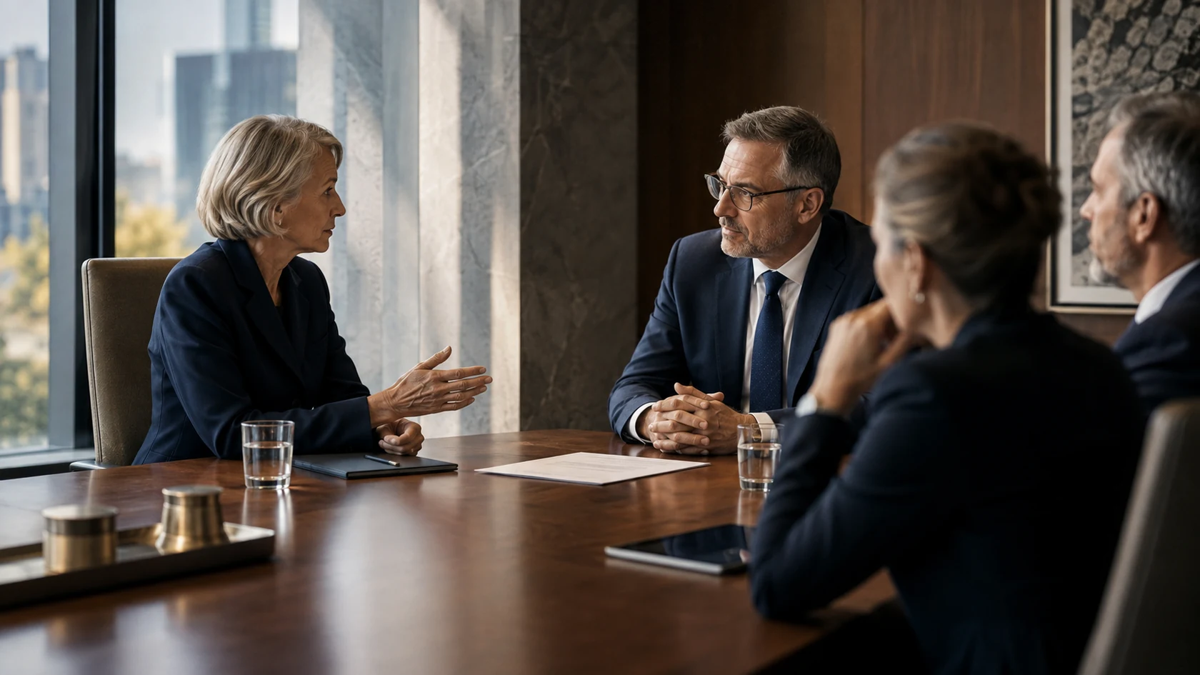 Board chair and chief executive in a candid, focused discussion with a single decision document between them.