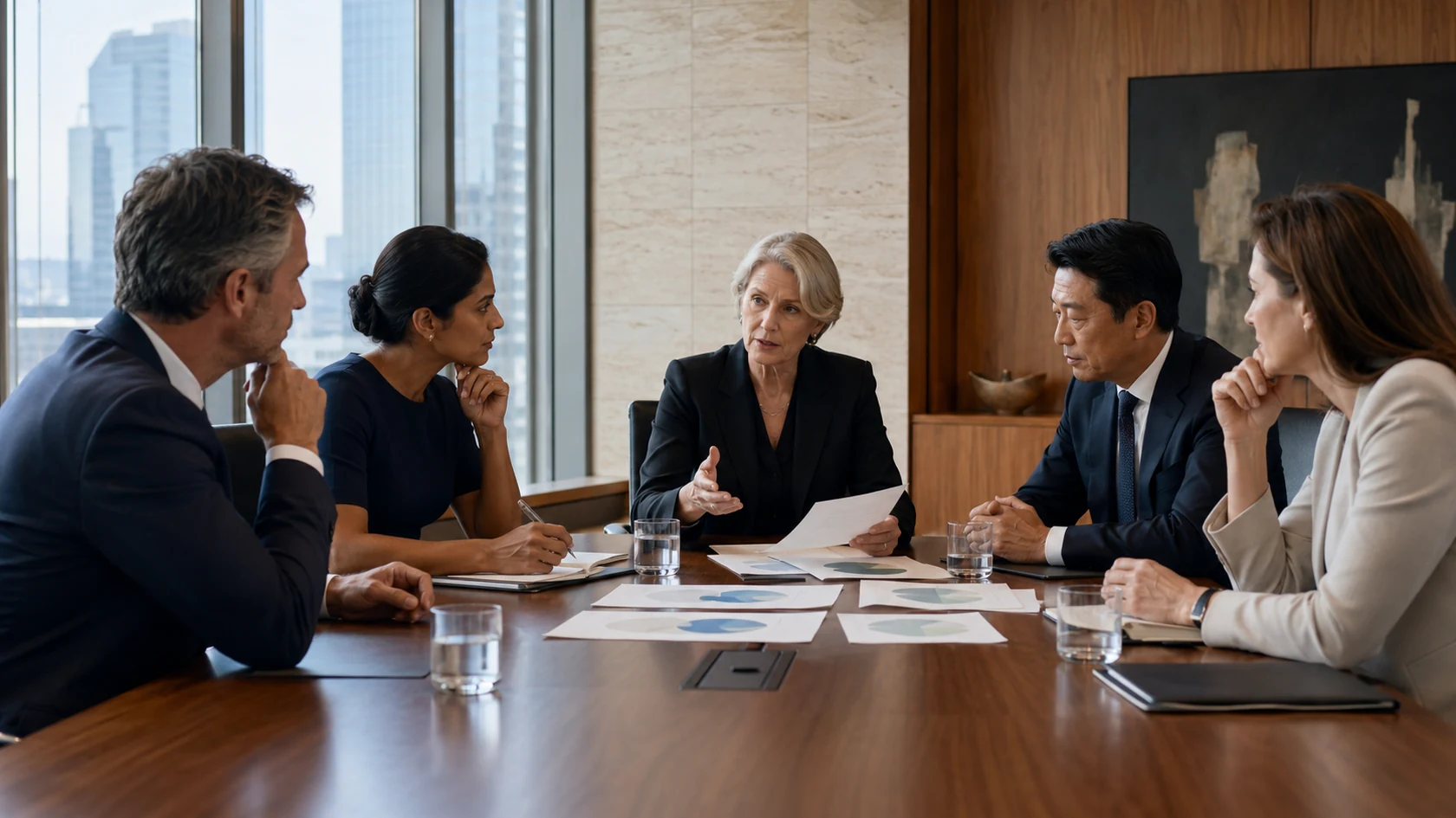 Diverse board directors engaged in a forward-looking strategic discussion in a contemporary international boardroom.