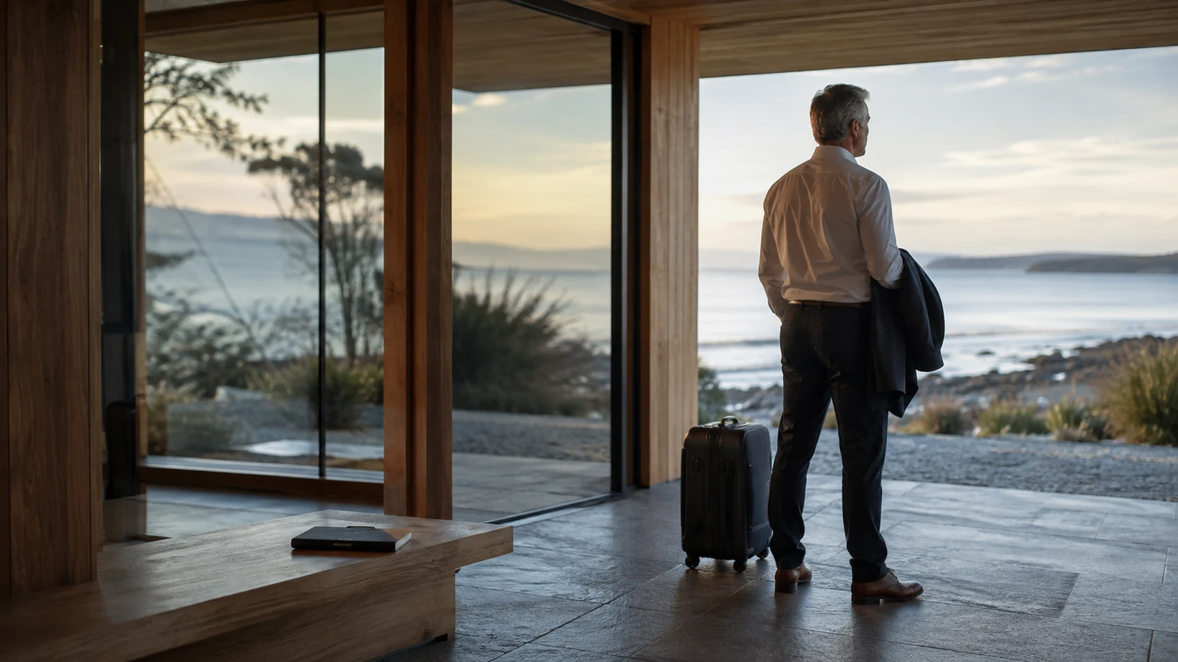 Experienced executive standing at the threshold of a warm timber home, looking across a New Zealand coastal horizon at dawn.