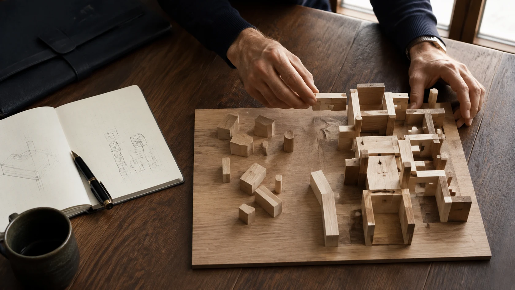 Hands moving a wooden element from a learning notebook into a connected organisational model on a warm timber work surface.