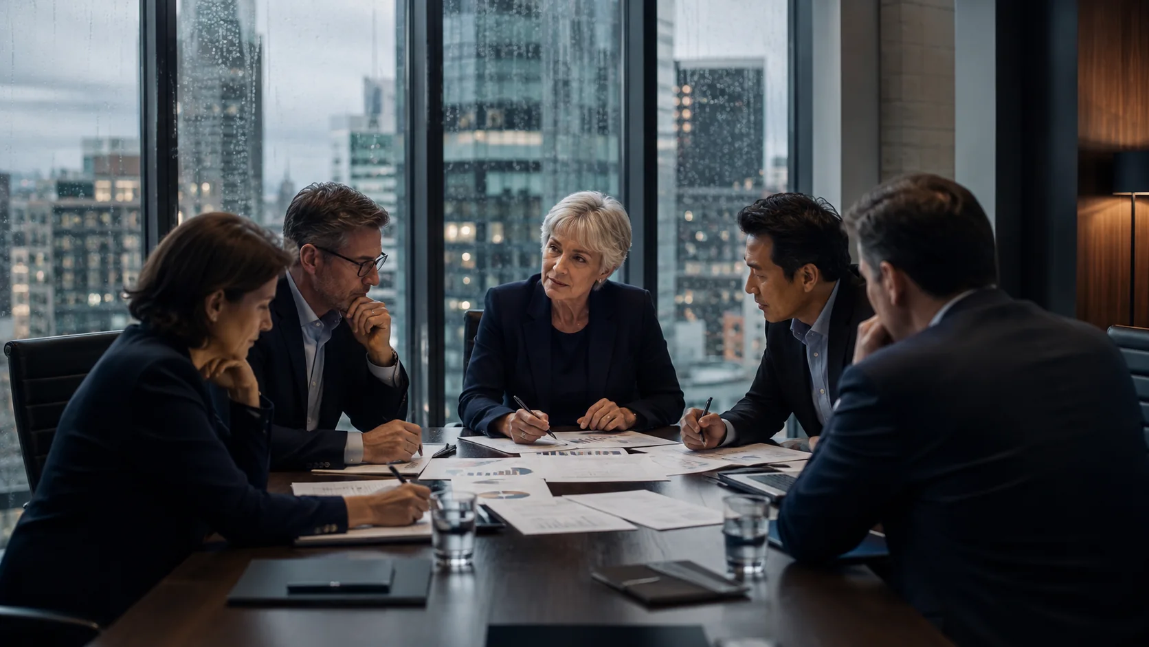 Senior leadership team working through a complex decision in an international boardroom.