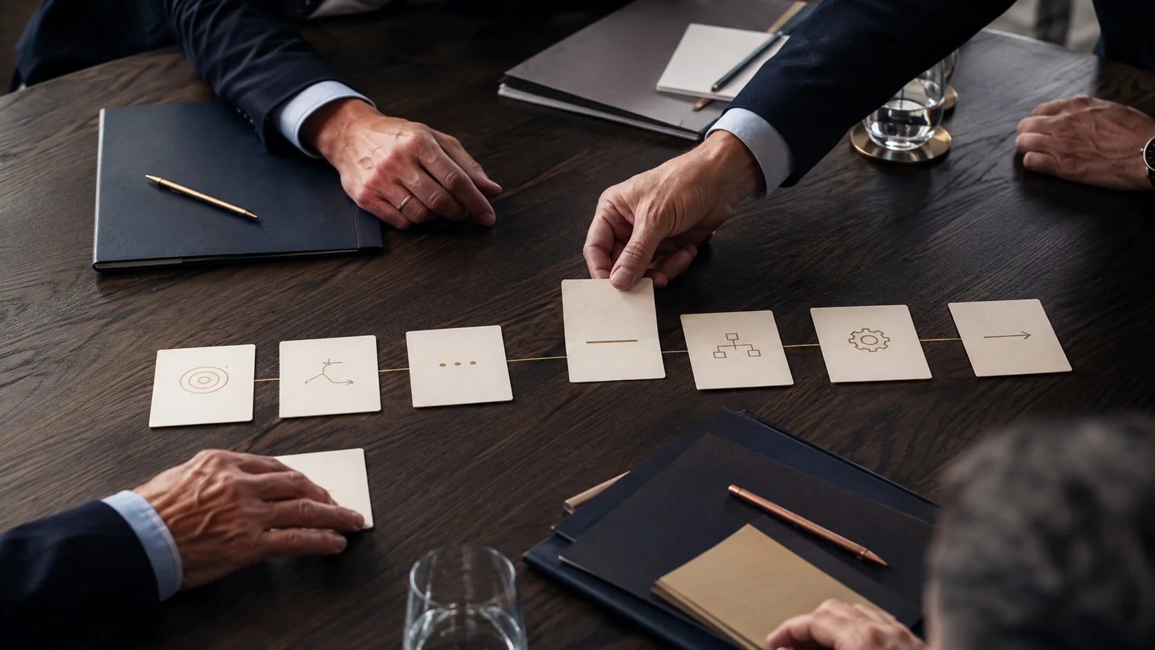 Senior leaders connecting strategic choices to an execution pathway on a boardroom table.