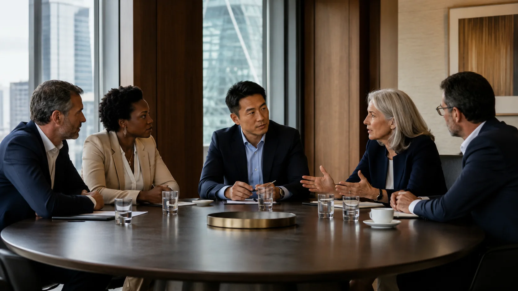 Executive team engaged in a candid collective discussion around an oval boardroom table.