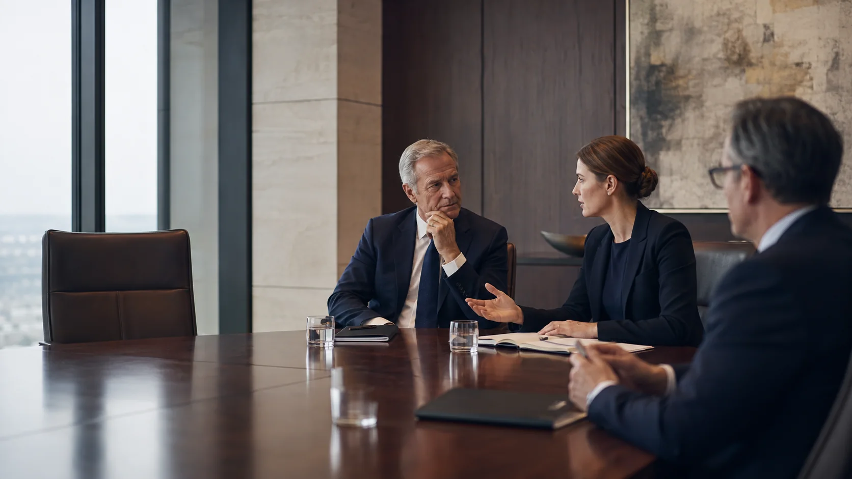 Experienced and next-generation leaders discussing succession beside an empty board chair.