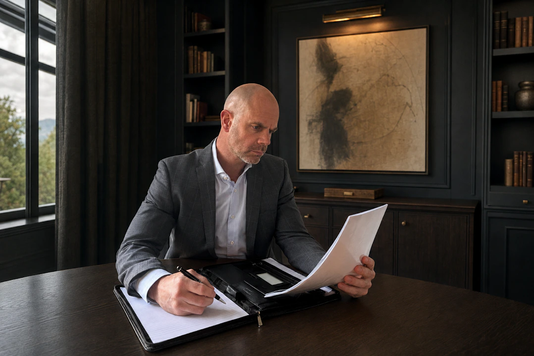 Bevan Gray reviewing documents at a boardroom table