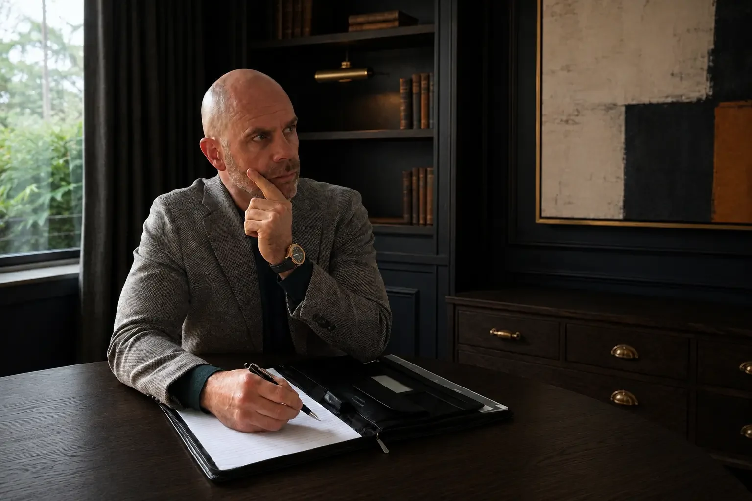 Bevan Gray reflecting while writing at his desk